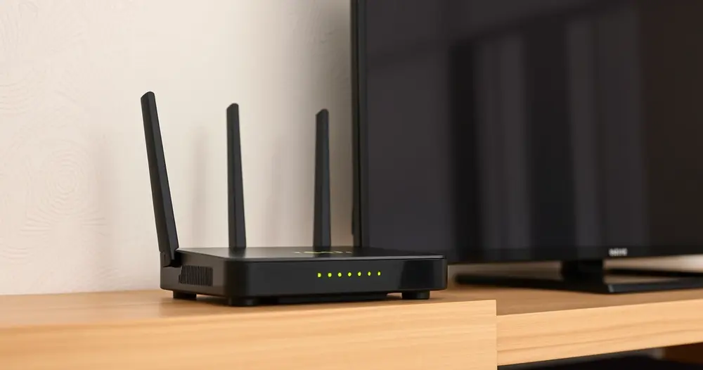 roteador wi-fi com luzes acesas em prateleira ao lado de televisão