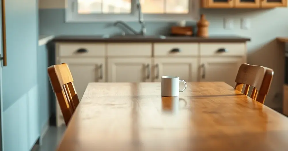 Mesa de cozinha vazia com duas cadeiras frente a frente e uma caneca