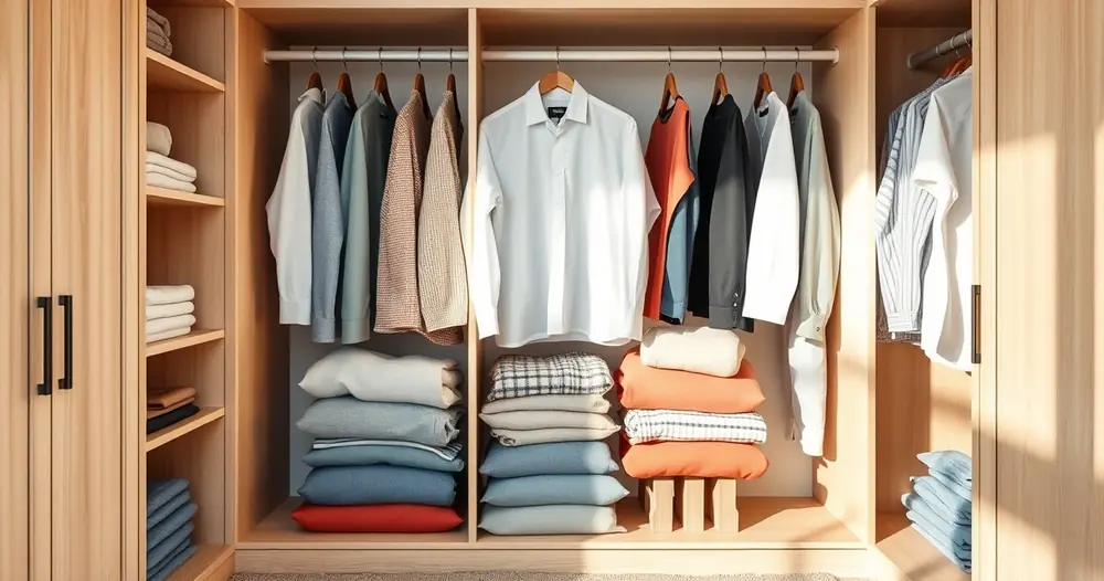 Roupas dobradas com cuidado dentro de um guarda-roupa aberto