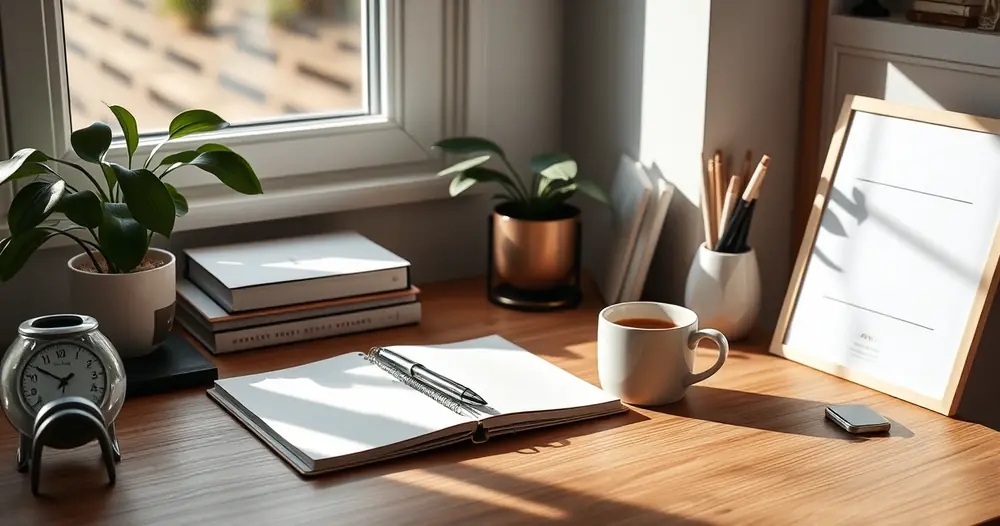 Escrivaninha organizada com caderno, caneta e xícara de café