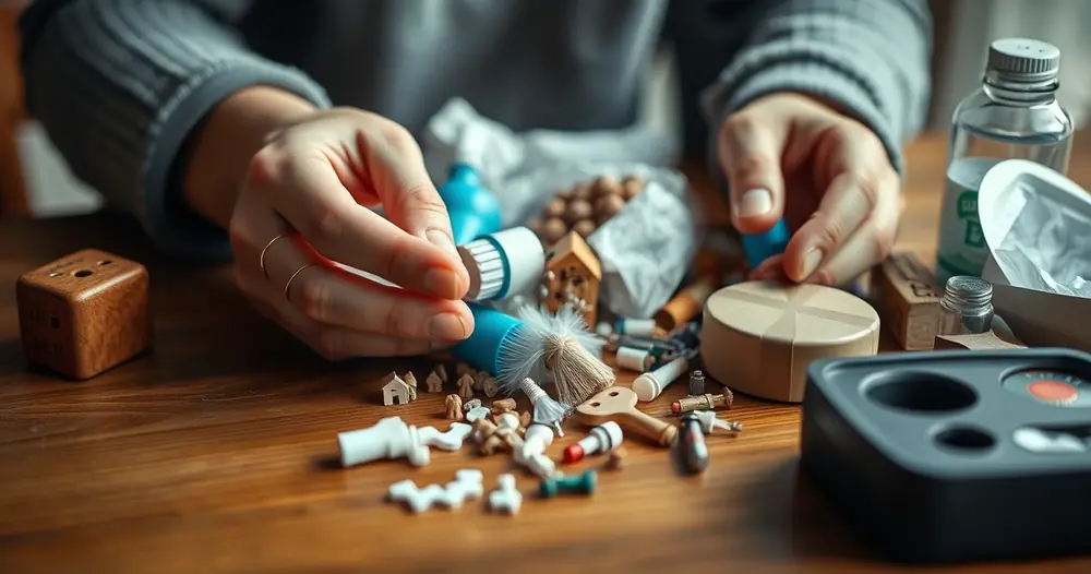 Mãos separando pequenos objetos domésticos sobre uma mesa de madeira