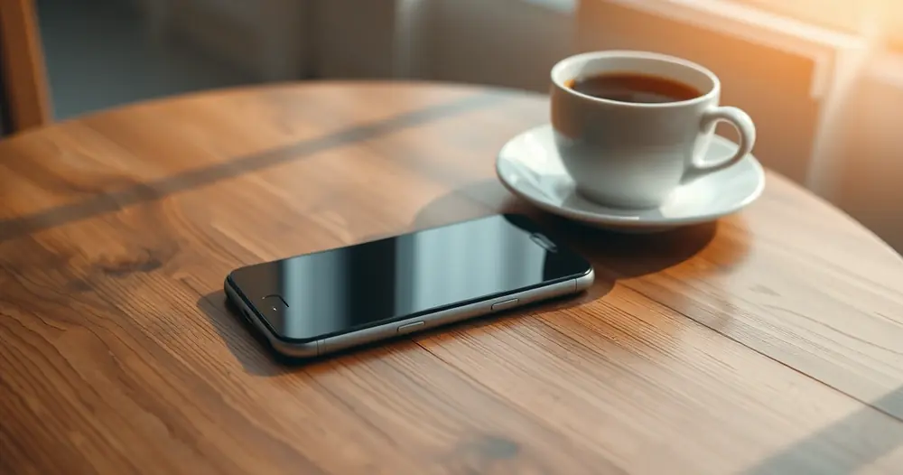 Celular sobre uma mesa de madeira, ao lado de uma xícara de café