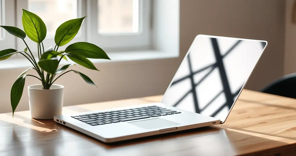 Notebook aberto sobre a mesa, com uma planta ao lado