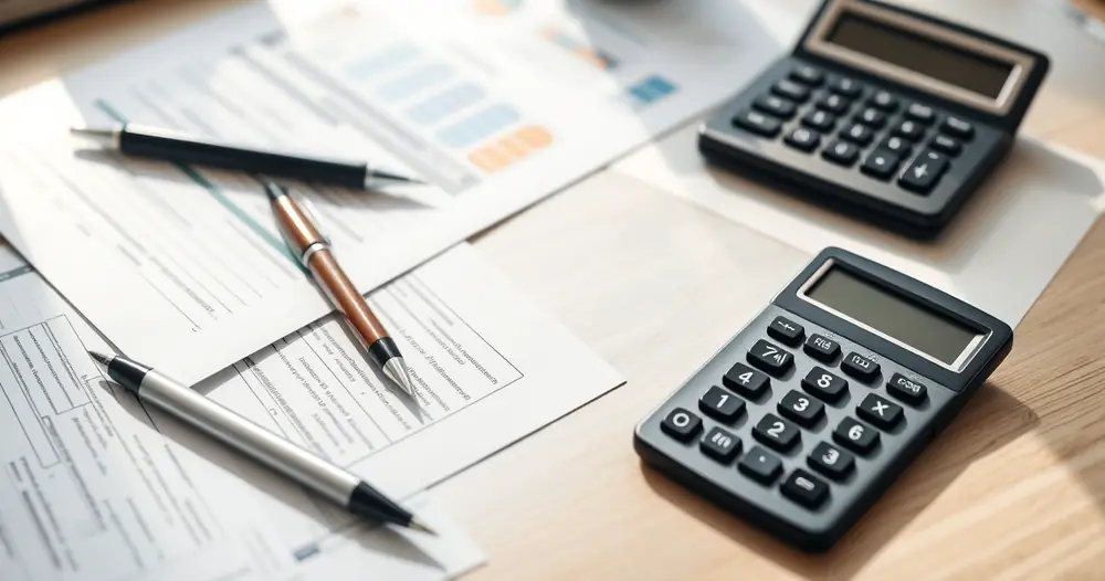 Documentos impressos, calculadora e caneta sobre a mesa