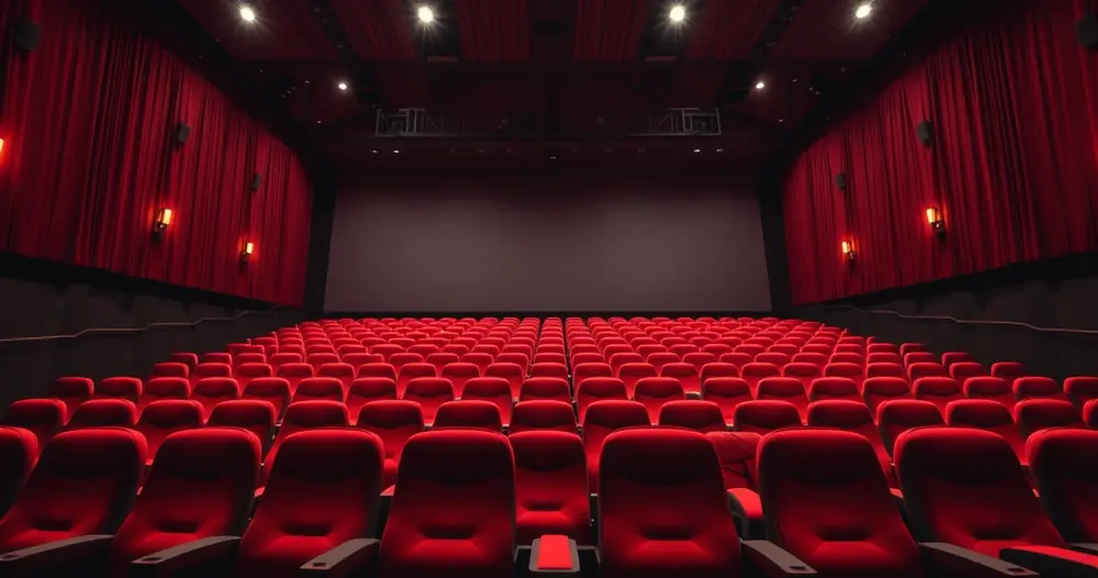 Sala de cinema vazia, com poltronas vermelhas e luz baixa
