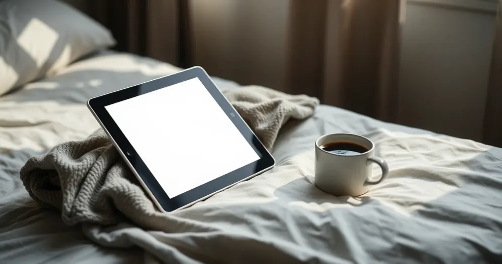 Tablet apoiado sobre a cama ao lado de uma xícara de café