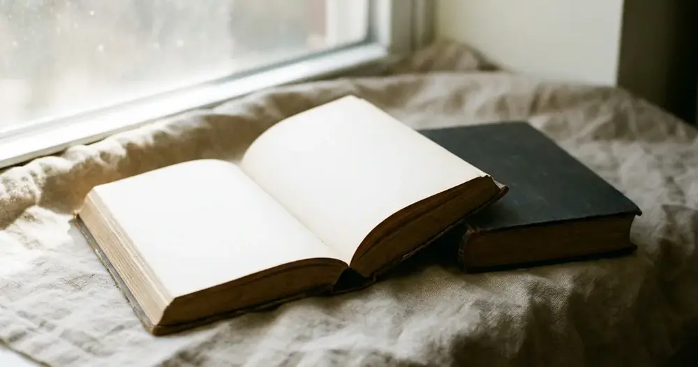 Dois livros lado a lado numa mesa, um aberto e outro fechado, sob luz da manhã