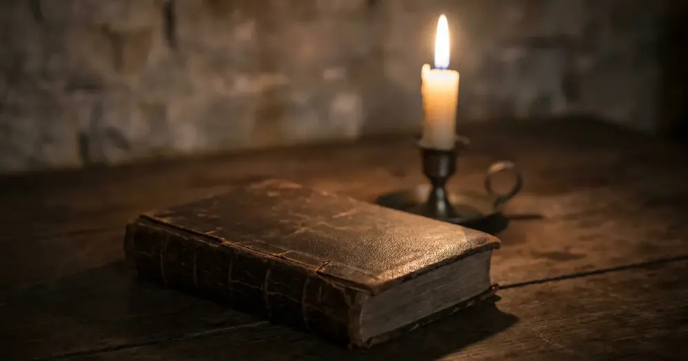 Livro antigo de capa de couro fechado sobre mesa escura ao lado de uma vela acesa