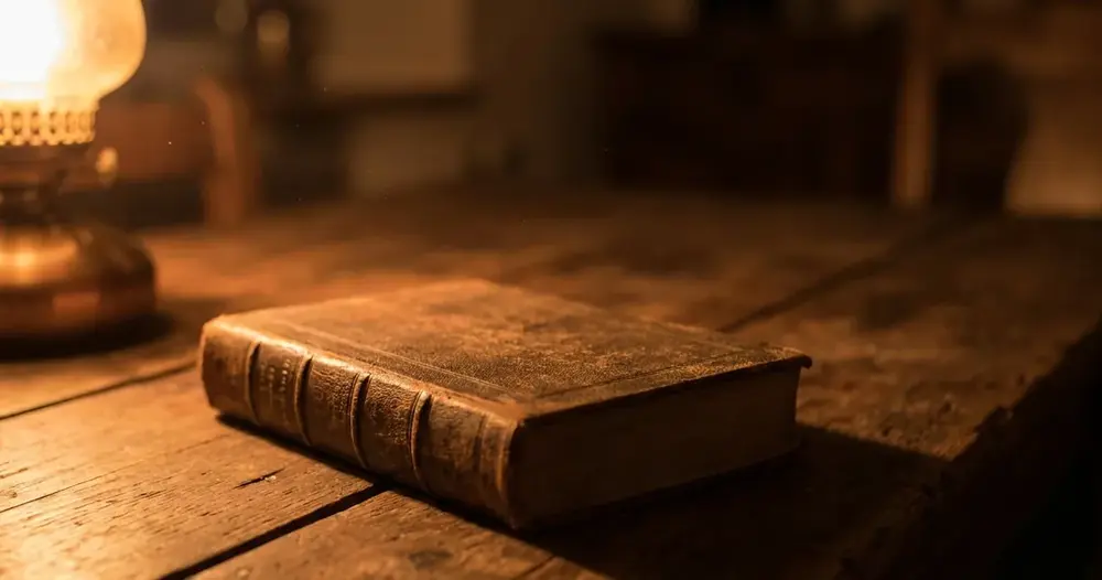 Livro antigo de capa gasta sobre mesa de madeira iluminado por um lampião