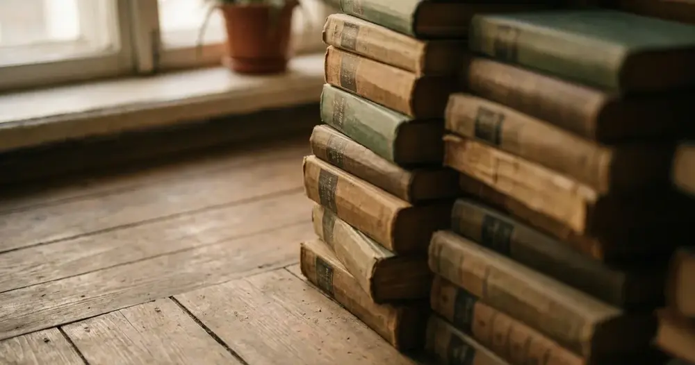 Pilha alta e levemente torta de livros no chão de madeira ao lado de uma janela
